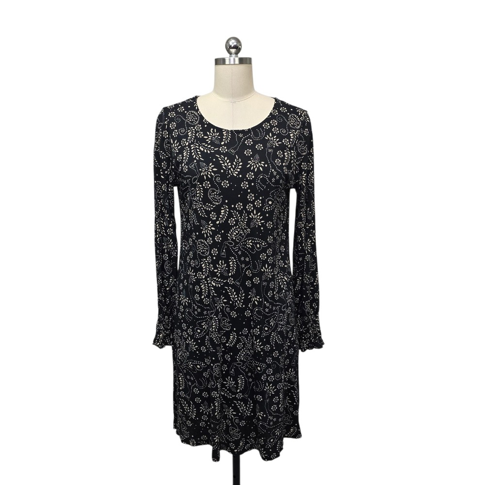 Gudrun Sjoden Black Floral Paisley Shift Dress Long Sleeve Smocked Cuff Womens S